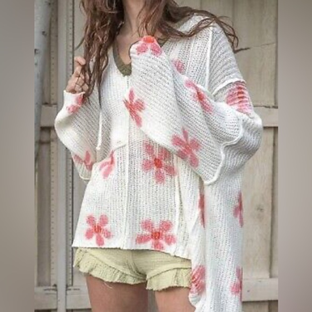 POL  Daisy Flower Print V Neck‎ Lightweight Hoodie Sweater Very Oversized - Picture 9 of 12